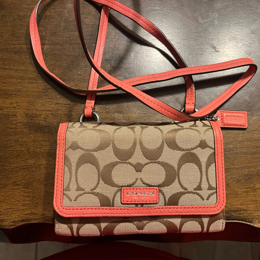 Coach Tan and Red Crossbody Bag with Signature Style